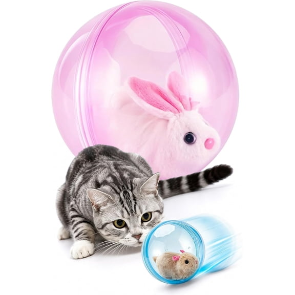 Auto Rolling Ball with Mouse Cat Toy,Realistic Animal, 360-degree rotating scroll,Interactive Ball for Multi-cat Household,Self-Rolling Interactive Cat Ball for Bored (1, Pink, AAA Battery Version)