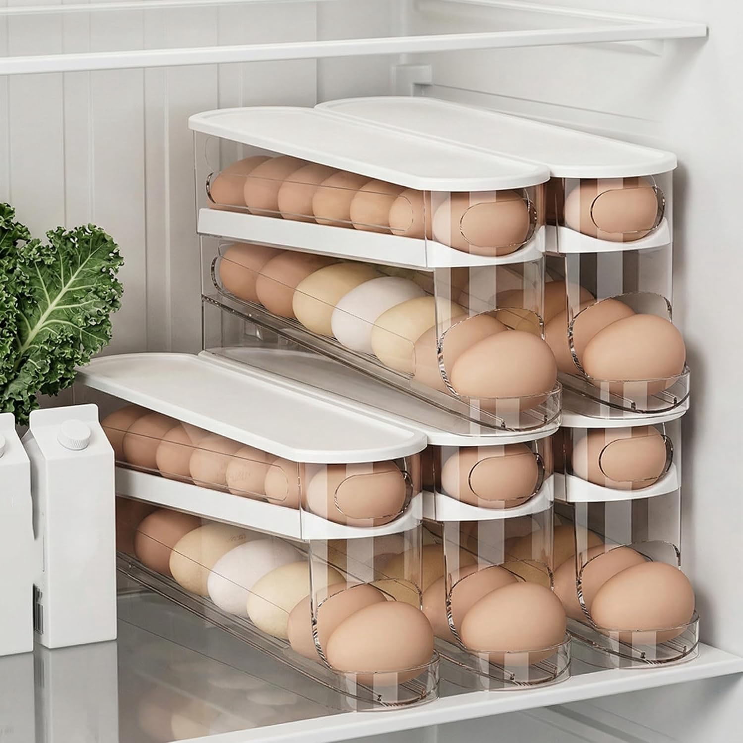 Auto-Rolling Egg Dispenser with Lid - Transparent Fridge Egg Organizer
