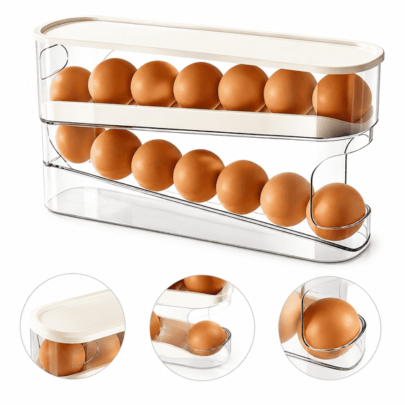 Auto Rolling Egg Dispenser, Space Saving Refrigerator Egg Organizer, Double Layer Fridge Egg Holder, Transparent Egg Container for Kitchen Storage, 1 Pack