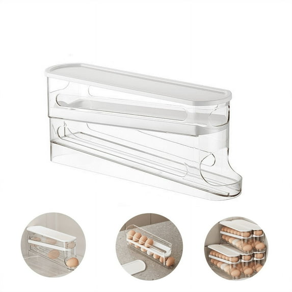 Auto Rolling Egg Holder, Dingrich 2 Tiers Egg Dispenser for Refrigerator Organizer with Lid, Holds 14 Large Eggs,Space-Saving Egg Dispenser Holder