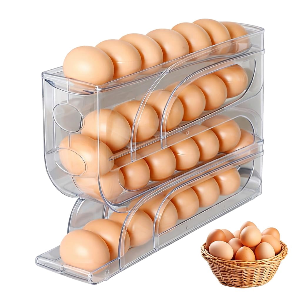 Auto Rolling Egg Holder for Fridge, 4-Tier Egg Dispenser Organizer Holds 28 Eggs, No Assembly Space-Saving Egg Storage Rack for Refrigerator & Countertop