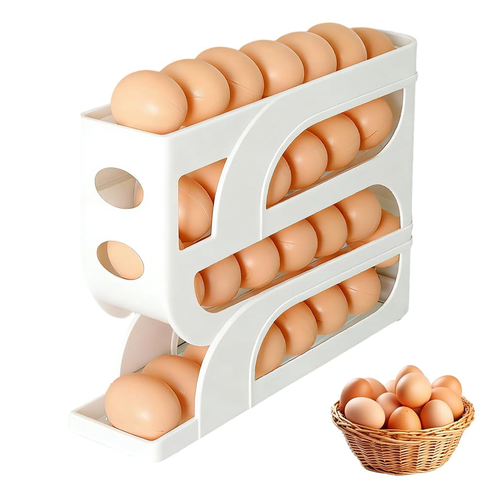 Auto Rolling Egg Holder for Fridge, 4-Tier Egg Dispenser Organizer Holds 28 Eggs, No Assembly Space-Saving Egg Storage Rack for Refrigerator & Countertop