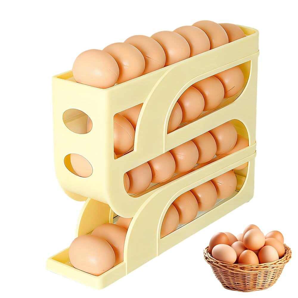 Auto Rolling Egg Holder for Fridge, 4-Tier Egg Dispenser Organizer Holds 28 Eggs, No Assembly Space-Saving Egg Storage Rack for Refrigerator & Countertop