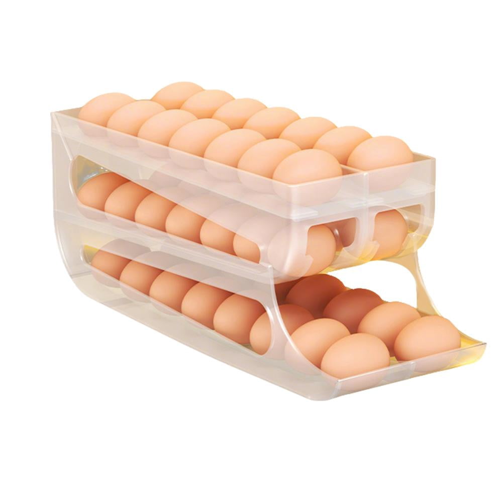 Auto Rolling Egg Holder for Fridge, Large Capacity 3-Tier Egg Storage Container, Space-Saving G-ravity Eggs Dispenser for Refrigerator Door & Countertop, Sturdy Plastic Organizer Rack