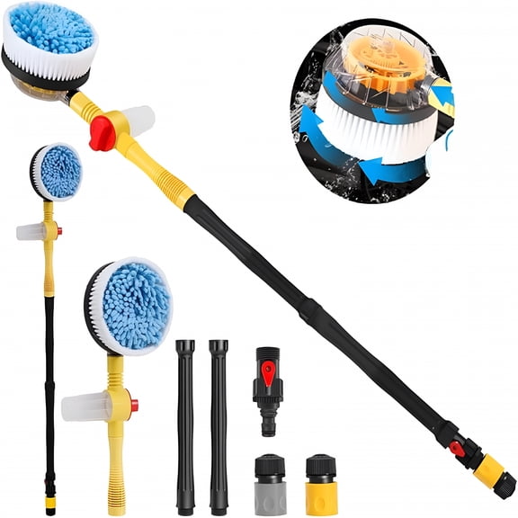 Auto Rotating Car Wash Brush with Long Handle, 360 Spin Retractable Car Mop, Automatic Foaming Scrubbing Kit, Microfiber Cleaning Tool for RV Truck Garden Hose