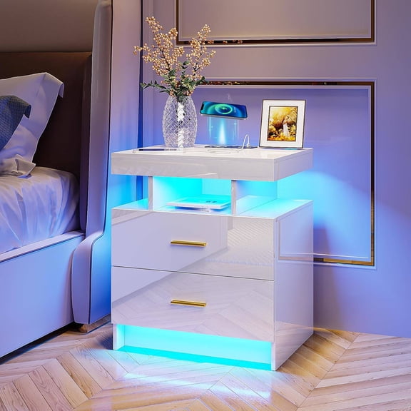 Auto-Sensing LED Nightstand with Wireless Charging, 2 USB Ports, 2 Drawers & Open Shelf, White