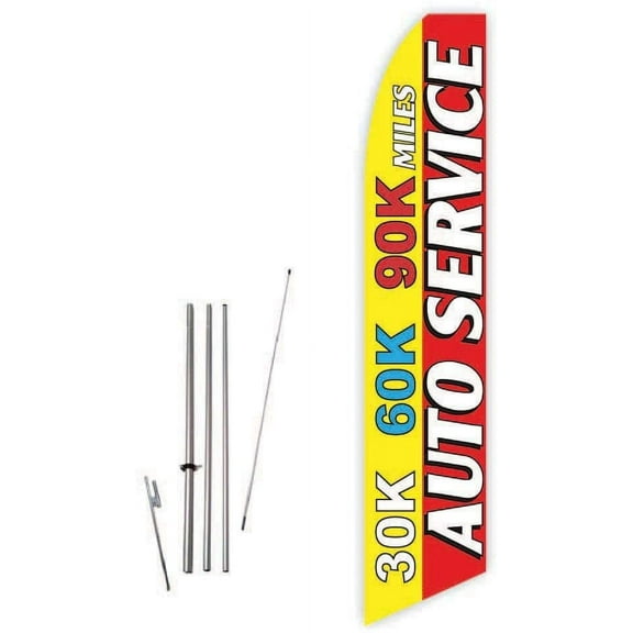 Auto Service-30K/60K/90K Miles Yellow/Red Super Novo Feather Flag - Complete with 15ft Pole Set and Ground Spike