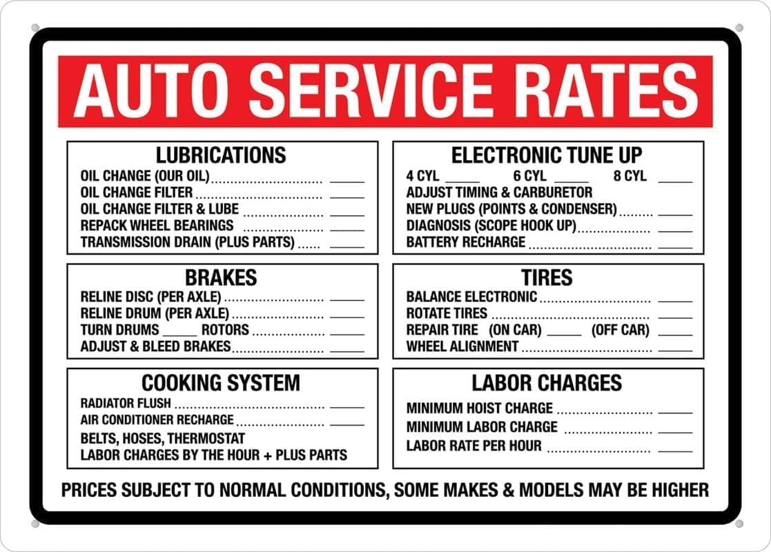 Repai Shop Rates Sign Auto Service Rates Aluminum Metal Sign Wall Plaque for Home Garage Shop ...