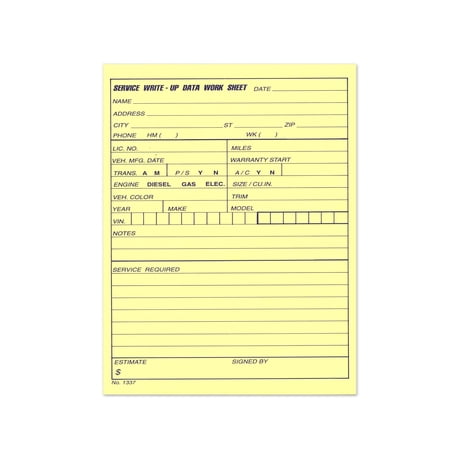 Auto Service Write-Up Data Sheet - 5 Pads of 100