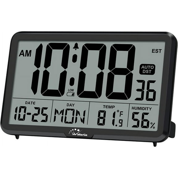 Auto Set Digital Wall Clock Battery Operated, Desk Clocks with Temperature, Humidity and Date, Large Display Calendar Alarm for Elderly, Bedroom, Office, 8 Time Zone, DST.