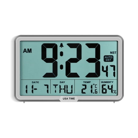 Auto Set Digital Wall Clock Battery Operated, Desk Clocks with Temperature, Humidity and Date, Large Display Digital Calendar Alarm Clock for Elderly, Bedroom, Office, 8 Time Zone, Auto DST