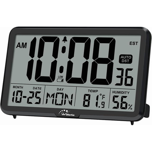 Auto Set Digital Wall Clock Battery Operated, Desk Clocks with Temperature, Humidity and Date, Large Display Digital Calendar Alarm Clock for Elderly, Bedroom, Office, 8 Time Zone, Auto DST.
