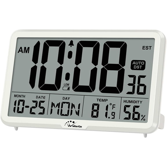 Auto Set Digital Wall Clock Battery Operated, Desk Clocks with Temperature, Humidity and Date, Large Display Digital Calendar Alarm Clock for Elderly, Bedroom, Office, 8 Time Zone, Auto DST.