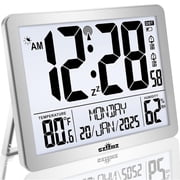 Atomic Digital Wall Clock, Battery Operated with Backlight, Indoor Temperature & Humidity, 8.5 Small Alarm Clocks for Bedrooms, Living Room, Auto DST, Silver