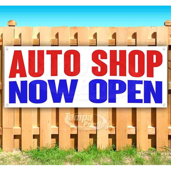 Auto Shop Now Open 13 oz Vinyl Banner With Metal Grommets