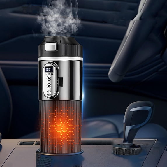 Auto Shut-Off 12V/24V Car Heated Cup - Stainless Steel Insulated Travel Mug with Temperature Control & Anti-Spill Lid, Leak-Proof Design for Truck/SUV/RV (Includes 110cm DC Power Cord) black