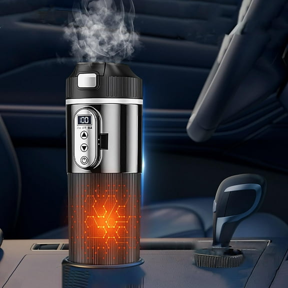 Auto Shut-Off 12V/24V Car Heated Cup - Stainless Steel Insulated Travel Mug with Temperature Control & Anti-Spill Lid, Leak-Proof Design for Truck/SUV/RV (Includes 110cm DC Power Cord) black