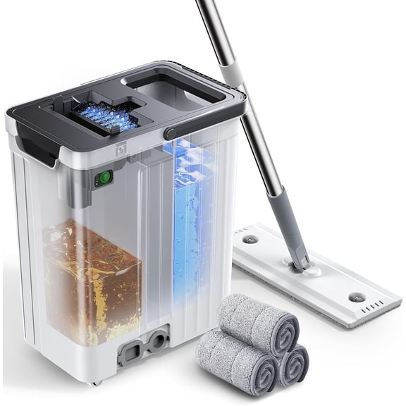 Auto-Spray Flat Mop and Bucket System with Scraper and Washable Pads for Floor Cleaning