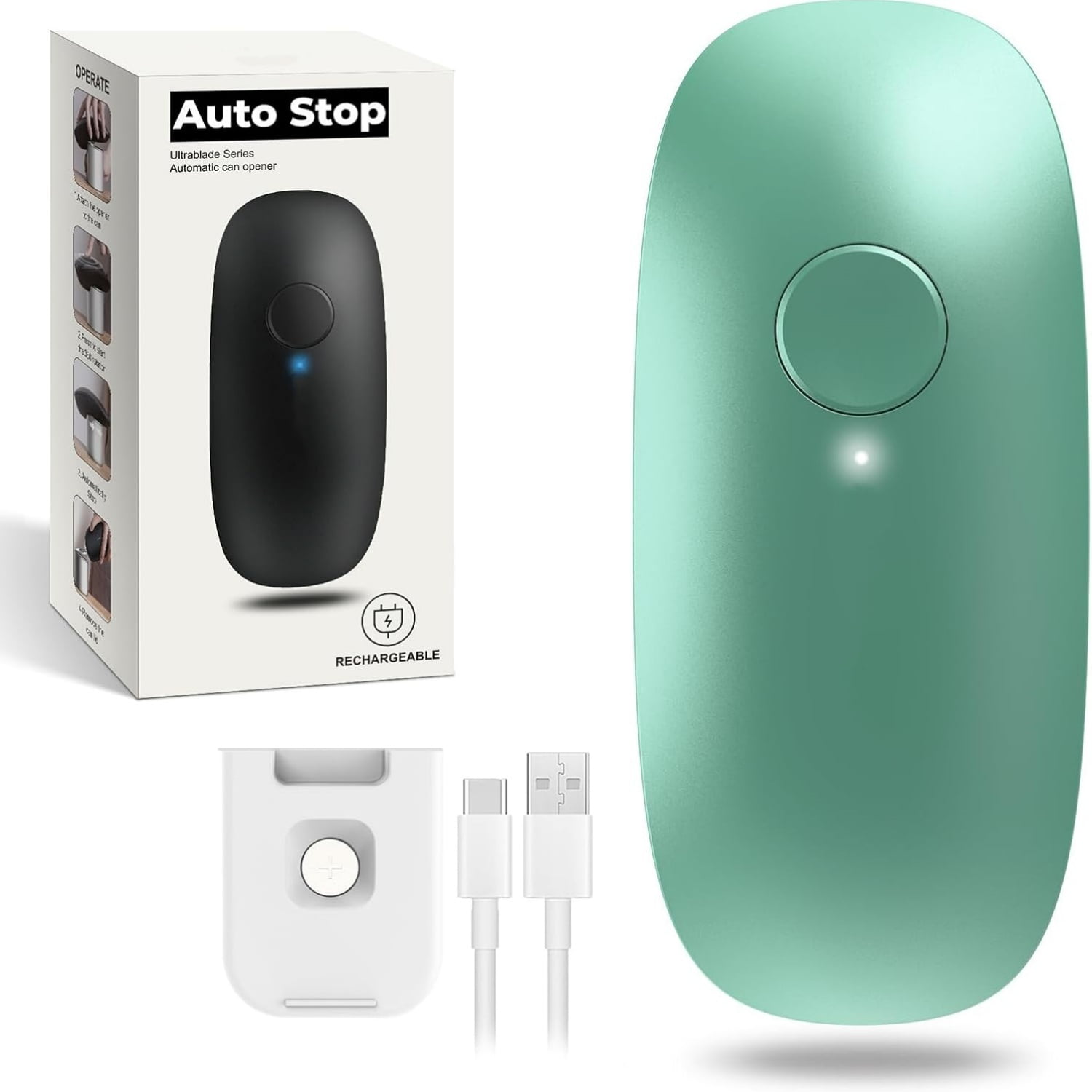 Auto Stop Can Opener - Rechargeable Electric Can Opener for Kitchen for Seniors with Arthritis - One Touch Side Cut Opener, Smooth Edge, Handfree, Wall Mounted Small Size, Green