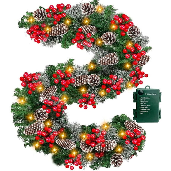 Auto Timer & 8 Modes 9Ft by 10 Inch 50 LED Prelit Christmas Garland Decorations Warm Lights Thick 270 Lifelike Snowy Tips 70 Red Berries 10 Pinecones Xmas Garland Fireplace Door Stairs Home Outdoor