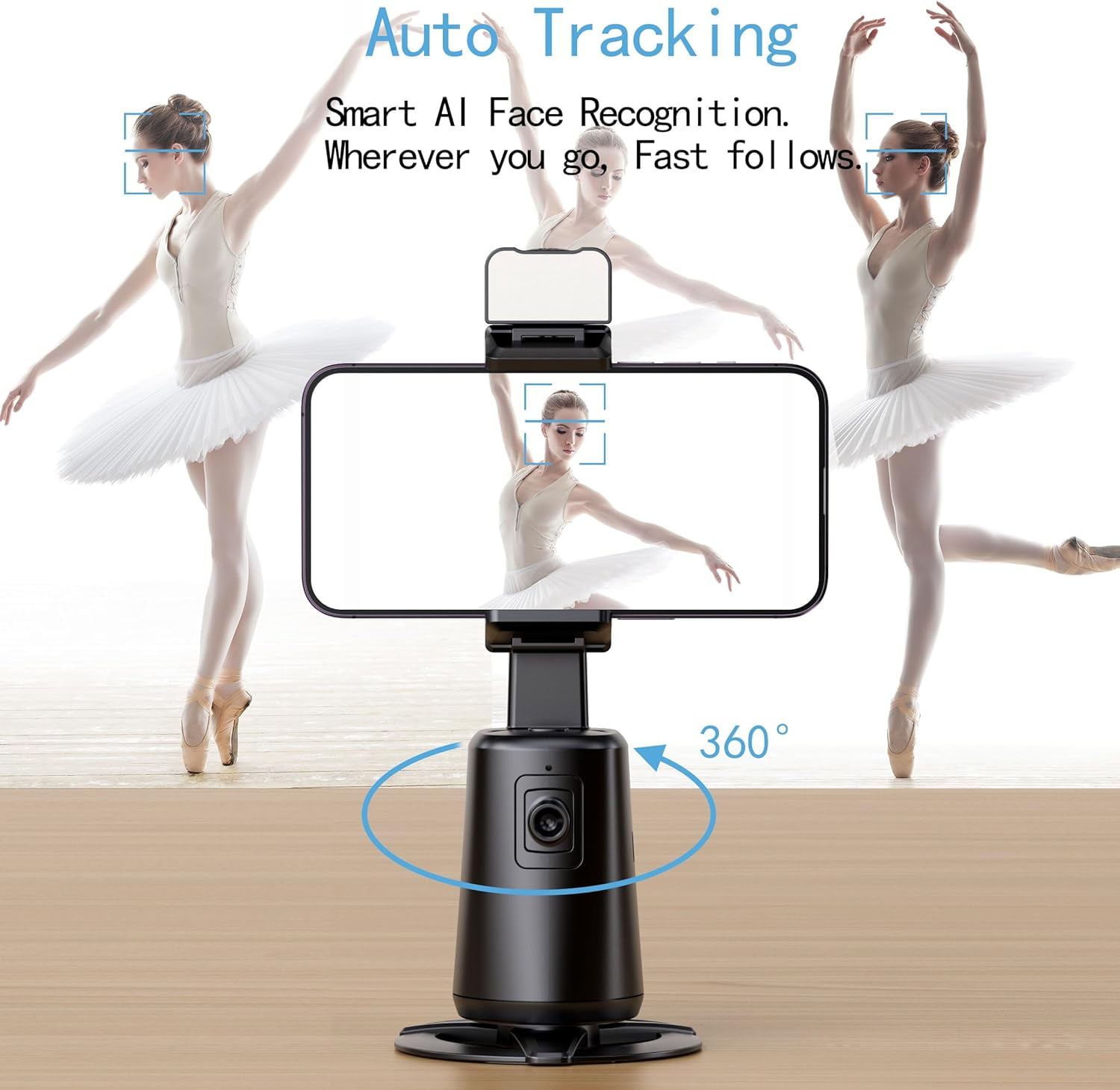 Auto Tracking Phone Tripod Stand - 360° Rotating AI Gimbal for Vlogging, No App Needed, Black Stabilizer for Content Creators & Influencers