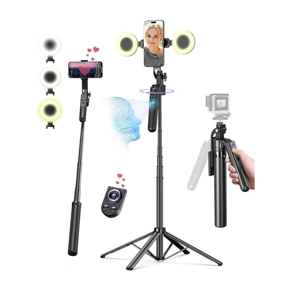 Auto Tracking Tripod with Light & Remote, 360° Rotating Phone Stand for iPhone Android Camera GoPro Live Streaming Vlog Video Recording Outdoor Travel Selfie