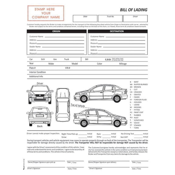 Auto Transport Bill of Lading with 1 Car , No name Printed