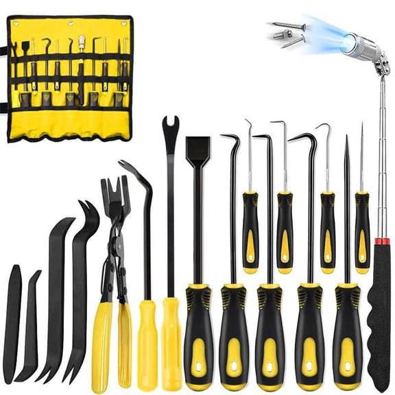 Auto Trim Removal Tool, 17-Piece Automotive Maintenance Tool Set With Oil Seal Hook, O-Ring Puller, Telescoping Magnetic Pickup, Gasket Scraper, Trim Removal Tools - Chrome