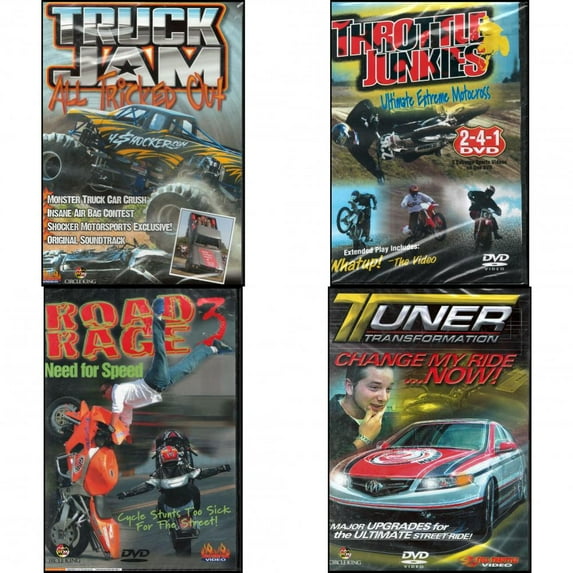 Auto, Truck & Cycle Extreme Stunts & Crashes 4 Pack DVD Bundle: Truck Jam: All Tricked Out, Throttle Junkies, Road Rage Vol. 3 - Need for Speed, Tuner Transformation: Change My Ride Now