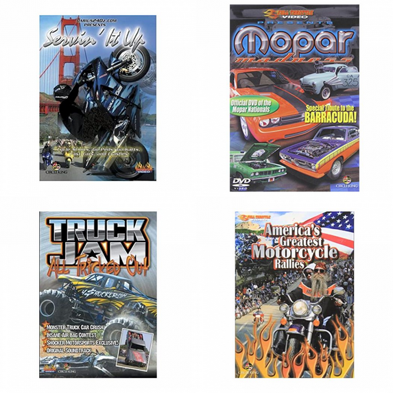 Auto, Truck & Cycle Extreme Stunts & Crashes 4 Pack DVD Bundle: Mopar Madness, Americas Greatest Motorcycle Rallies, Servin It Up, Truck Jam: All Tricked Out