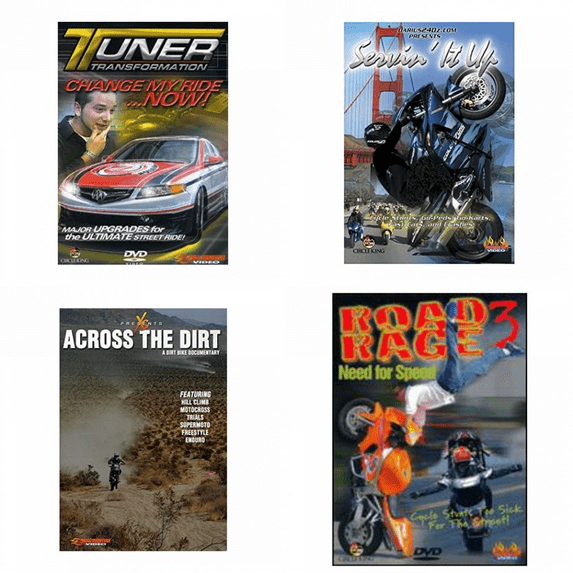 Auto, Truck & Cycle Extreme Stunts & Crashes 4 Pack DVD Bundle: Tuner Transformation: Change My Ride Now, Servin It Up, Across the Dirt: A Dirt Bike Documentary, Road Rage Vol. 3 - Need for Speed