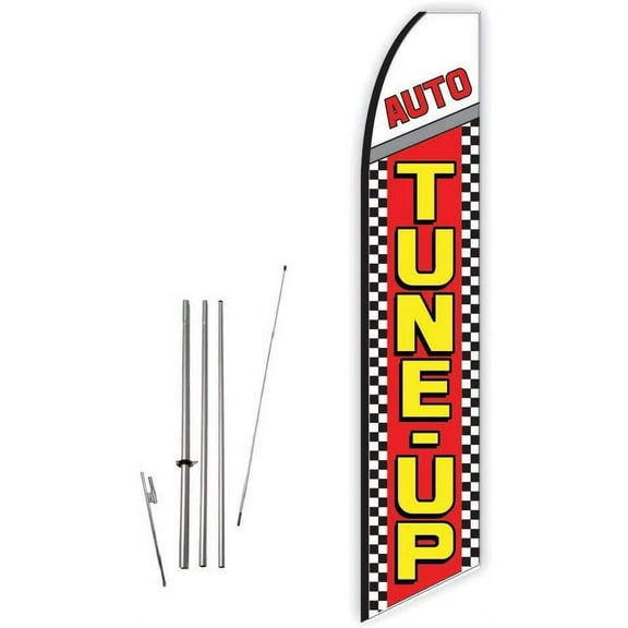 Auto Tune-Up Red Super Novo Feather Flag - Complete with 15ft Pole Set and Ground Spike