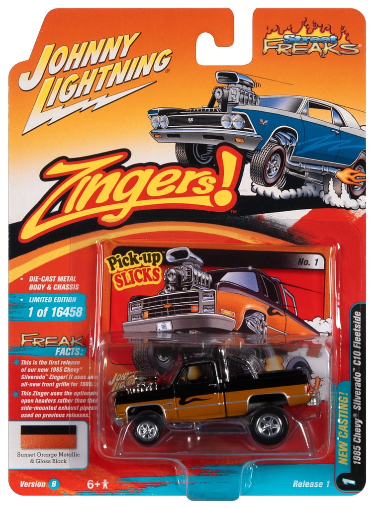 Auto World 1/64 1985 Chevrolet Silverado, Black and Orange, Zingers, Johnny  Lightning, JLSP228-B