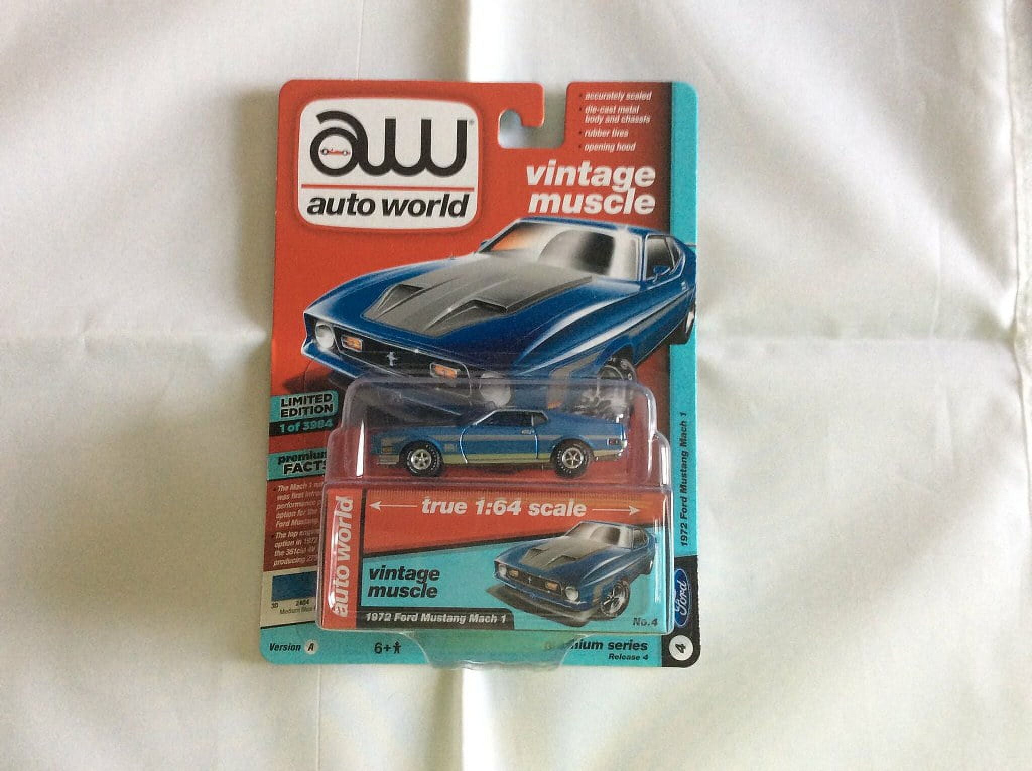Auto World 1:64 Scale 1972 Ford Mustang Mach 1 Blue Poly with Silver Stripes Vintage Muscle Diecast Car