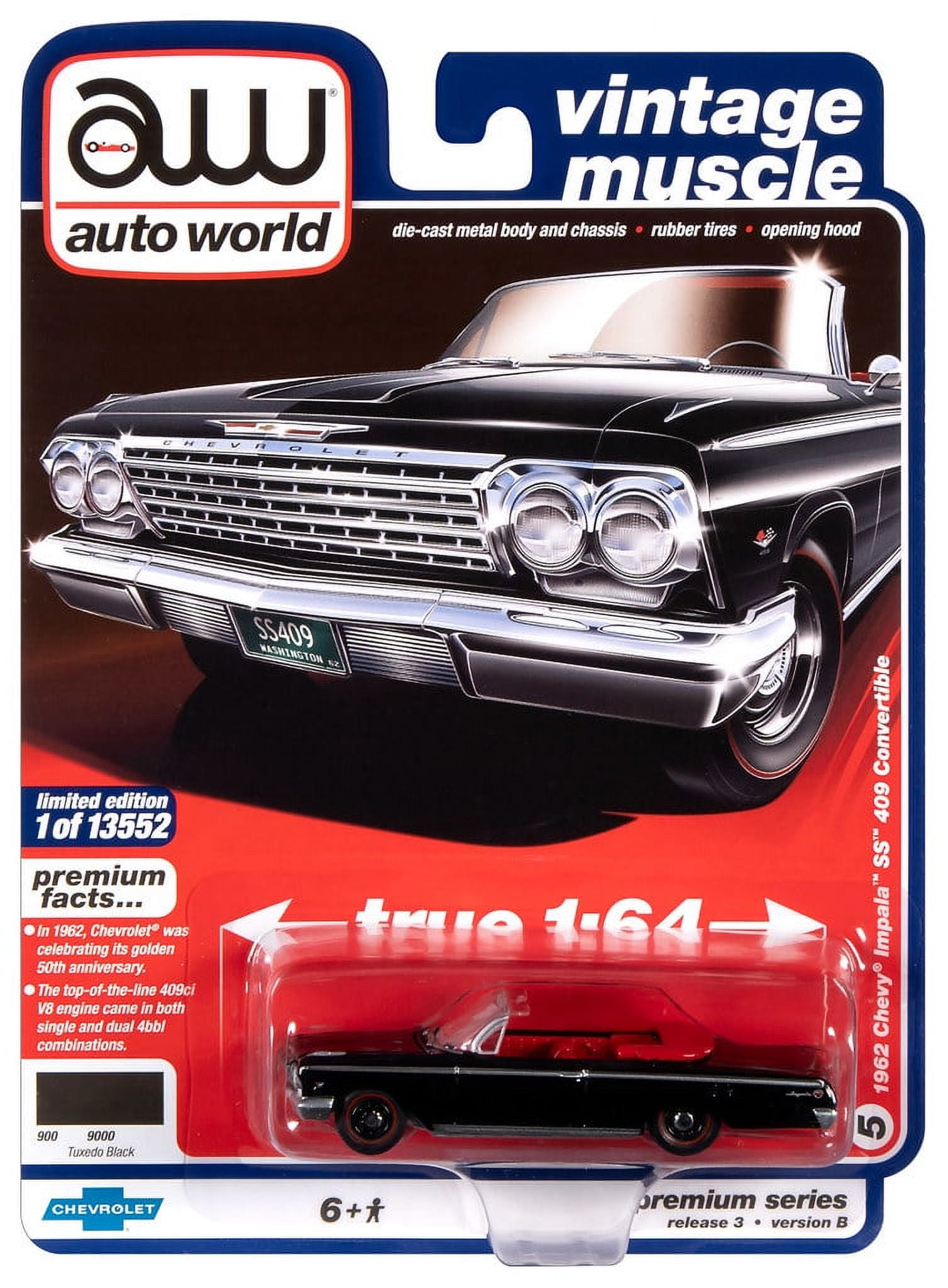 Auto World 1962 Chevy Impala SS Convertible Black Car Play Vehicle