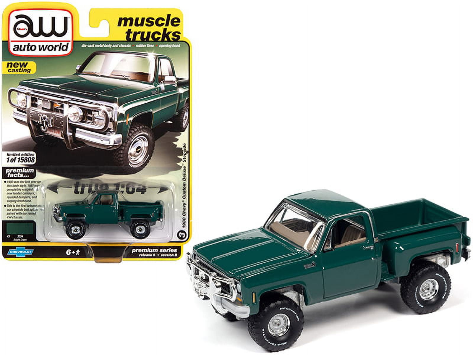 Auto World 1980 Chevy Custom Deluxe Stepside Bright Green Truck Play Vehicle