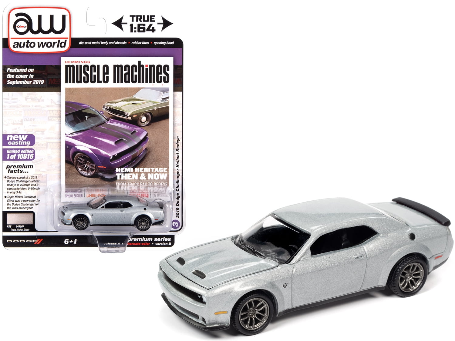 Auto World 2019 Dodge Challenger Hellcat Redeye White Silver Car Play Vehicle