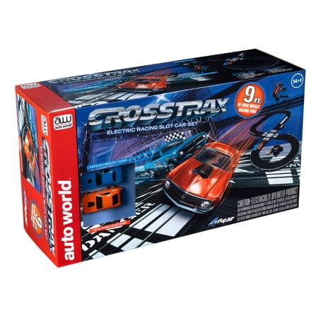 Auto World: CrossTrax Road Course - 9' Slot Car Race Set, 2 Variable Speed Slot Cars, 1970 Plymouth Cuda & 1970 Ford Mustang, Electric Racing Set