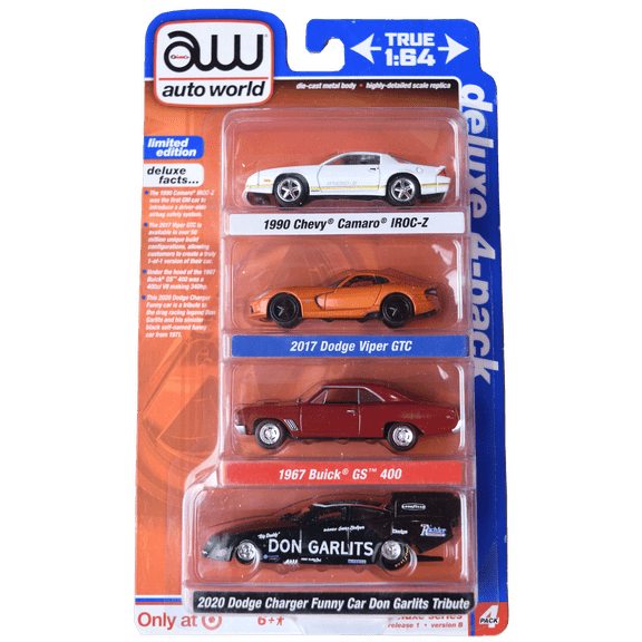 Auto World Deluxe 4 pack Camaro Iroc Z, Dodge Viper, Buick gs 400, and Dodge Charger Funny Car
