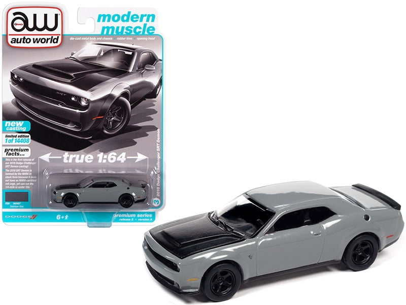 2018 Dodge Challenger SRT Demon Destroyer Gray with Black Hood Modern Muscle Limited Edition to 14408 pieces Worldwide 1/64 Diecast Model Car by Autoworld