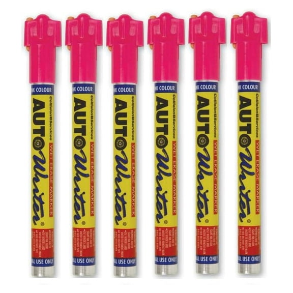 Auto Writer Pens - 6 Pink Chisel Tip Pens for Plastics