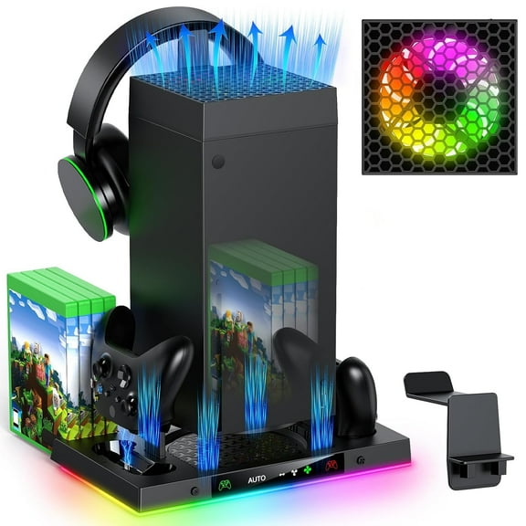 Auto-Cooling Fan and Charging Dock Accessory for Xbox Series X Console with 15 Light Modes, Wireless Dual-controller Charger Dock, Headphone Stand and Game Disc Storage-Black