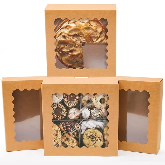 Auto-pop up 50 Packs Bakery Box With Window 8x8x2.5 inch Brown Pie Boxes Pastry