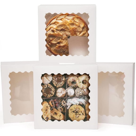 Auto-pop up 50 Packs Bakery Box With Window 8x8x2.5 inch White Pie Boxes Pastry Box