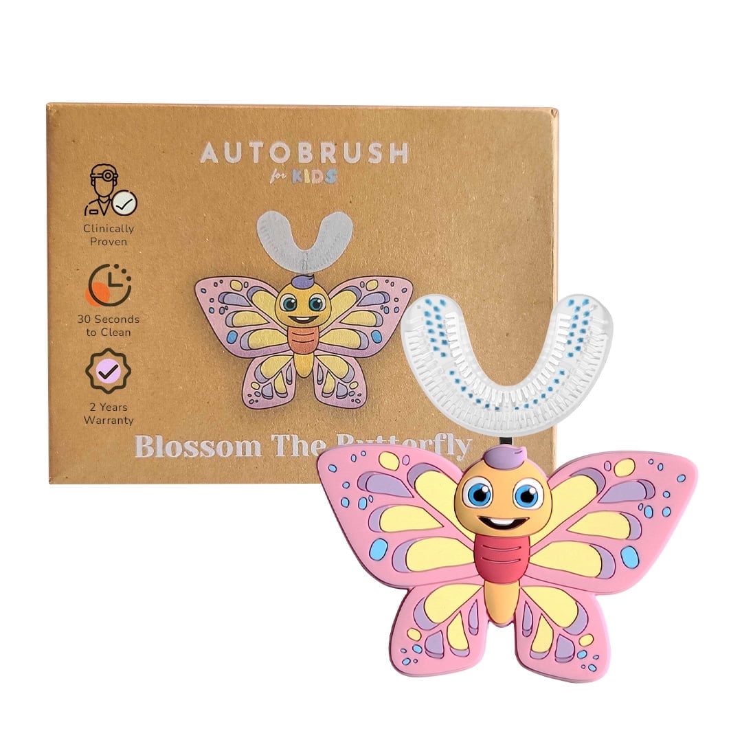 AutoBrush Manual Kids U Shaped Toothbrush with Soft Nylon Bristles (Double-Sided), Ages 9-12, Butterfly
