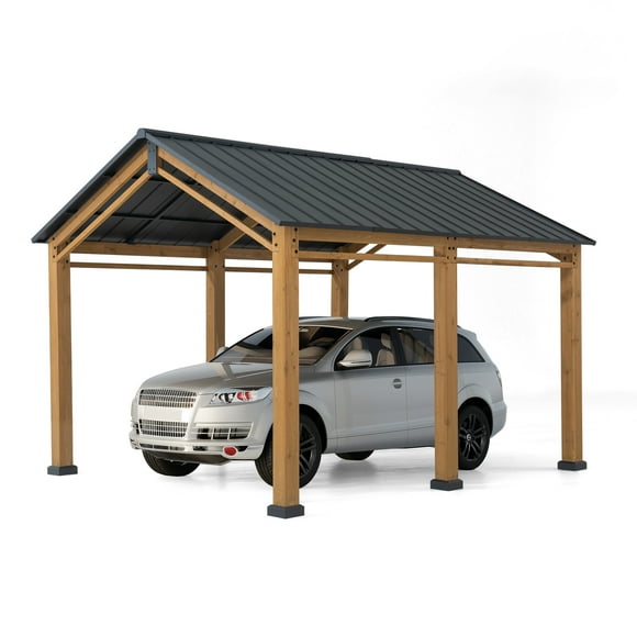AutoCove 11x13 Wood Carport, Black Gable Roof Wood Gazebo, Outdoor Living Pavilion with Ceiling Hook