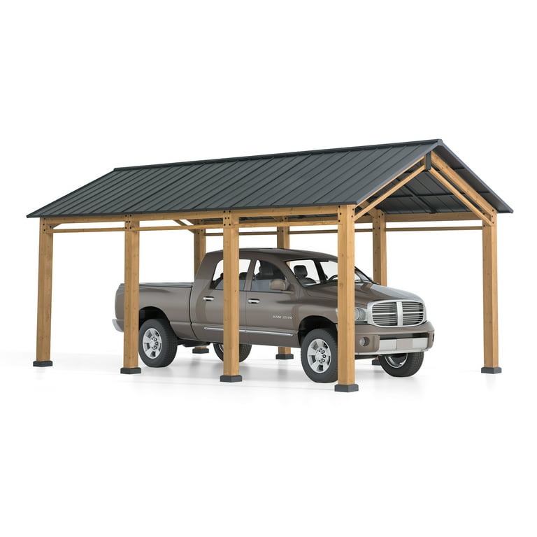 AutoCove 11x20 Wood Carport, Black Steel Gable Roof Gazebo, Outdoor Living  Pavilion with 2 Ceiling Hooks 