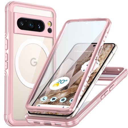 AutoCovers Google Pixel 8 Pro Magnetic Case with Build in Screen Protector, Clear TPU PC Hard Shell Shockproof Anti-Yellow Compatible with Magsafe Phone Case for Google Pixel 8 Pro, Pink