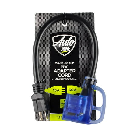 AutoDrive 14/3 STW 15 to 30-Amp RV Adapter Extension Cord with Lighted End, 1.5feet, Black