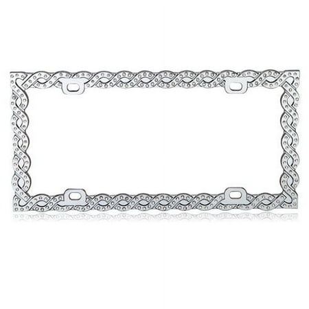 AutoDrive Chrome White Crystals Bling Braid License Plate Frame